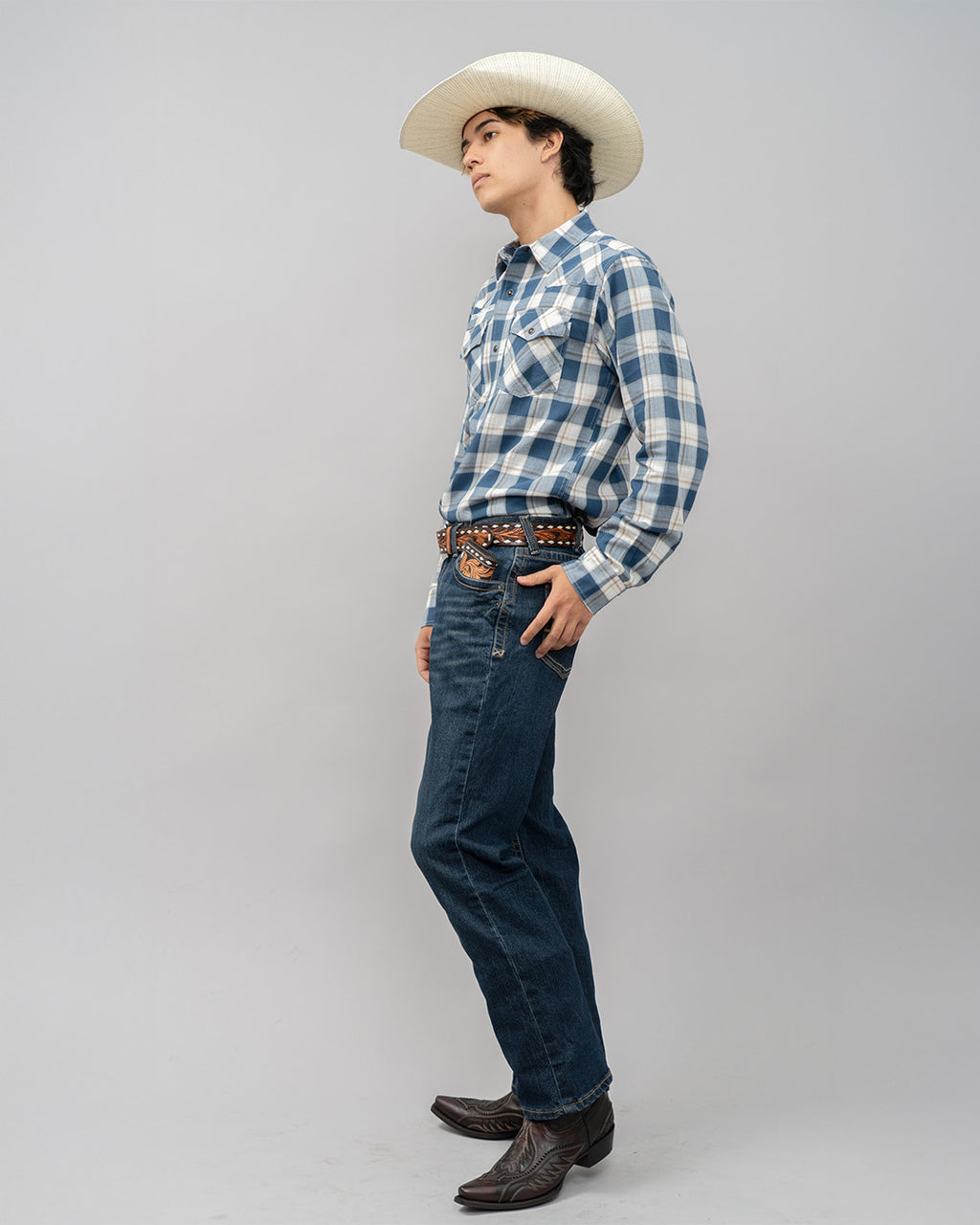 Outback King | Men's Legend Logo Shirt | Blue/Olive Check