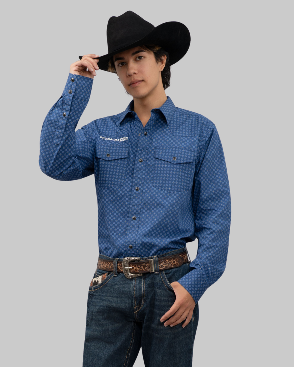 Outback King | Men's Legend Logo Shirt | Blue Yellow Dots